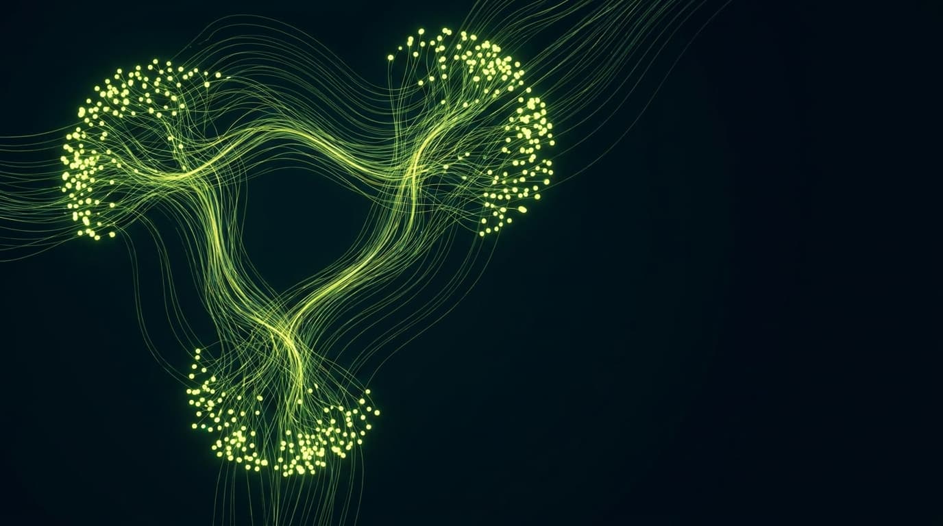 Abstract visualization: flowing green nodes on dark background — peec.ai vs profound vs searchable: which geo platform should you choose?