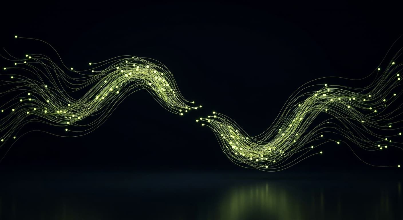 Abstract visualization: flowing green nodes on dark background — peec.ai vs profound: which is right for your team in 2026?