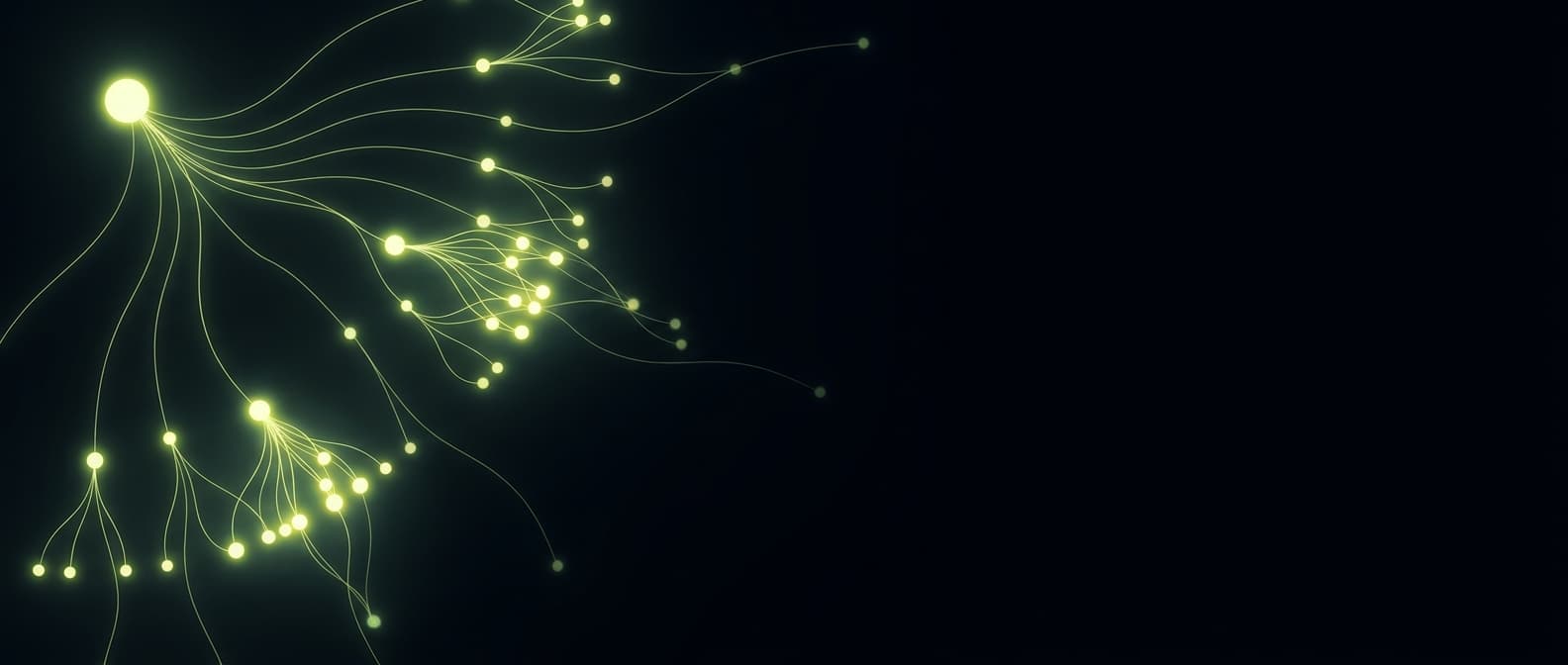 Abstract visualization: flowing green nodes on dark background — perplexity pages for saas brands: worth the effort or distraction?