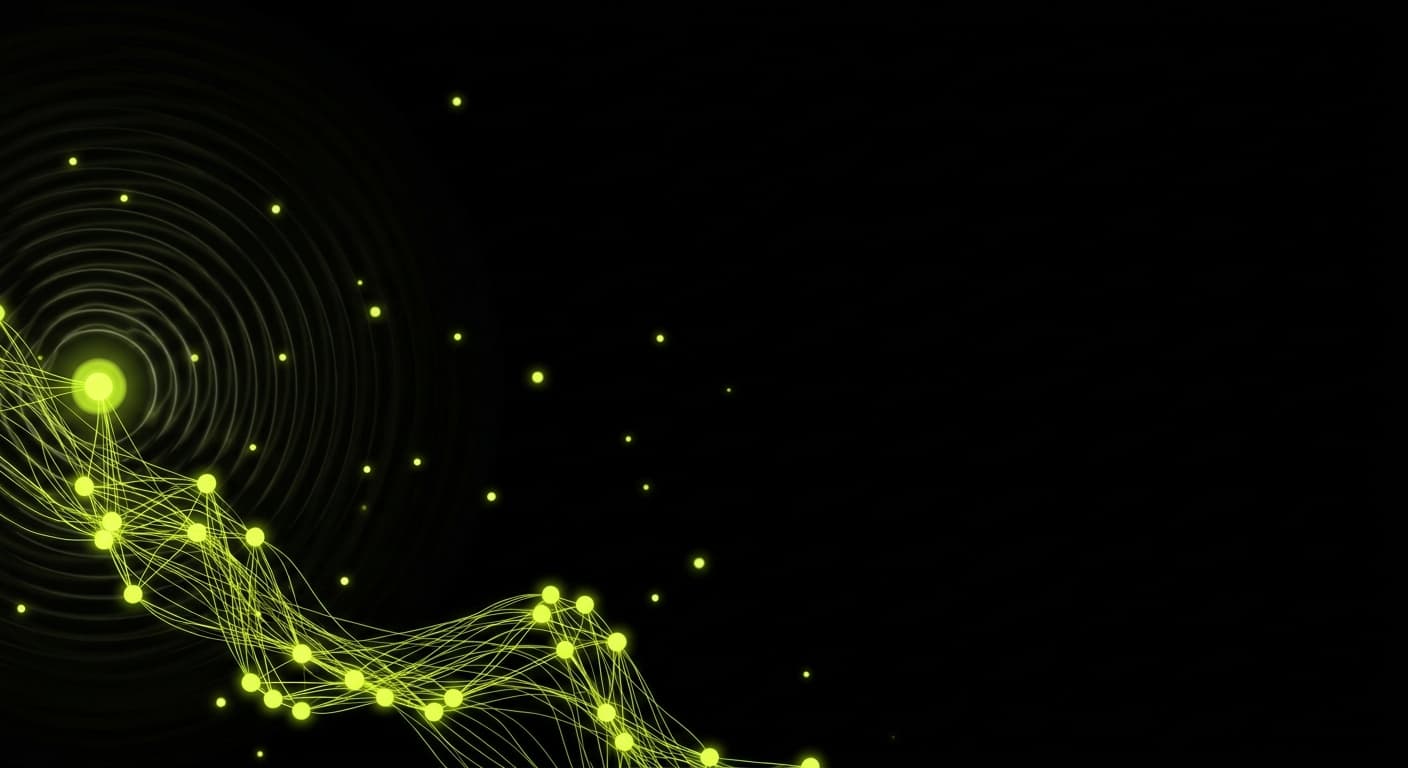 Abstract visualization: flowing green nodes on dark background — podcast seo for ai search: how to get your show cited