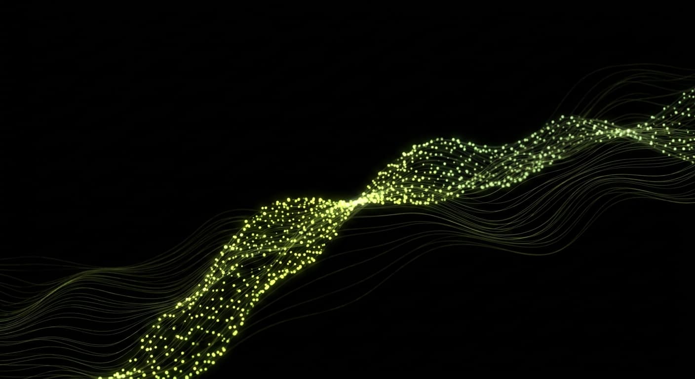 Abstract visualization: flowing green nodes on dark background — profound vs searchable: which geo platform wins for mid-market?