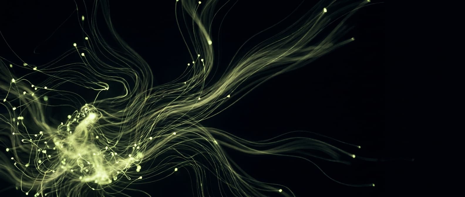 Abstract visualization: flowing green nodes on dark background — searchable alternatives: what to look at beyond the obvious