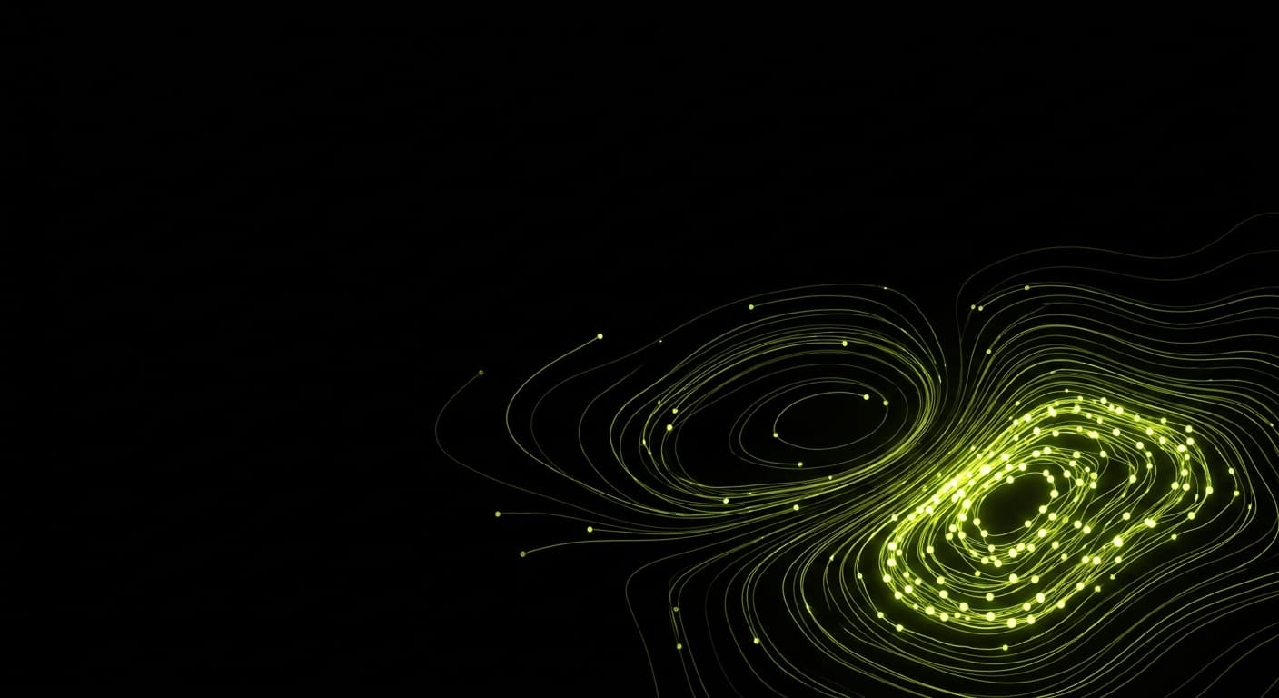 Abstract visualization: flowing green nodes on dark background — share of voice vs citation rate: which metric actually matters in ai search?