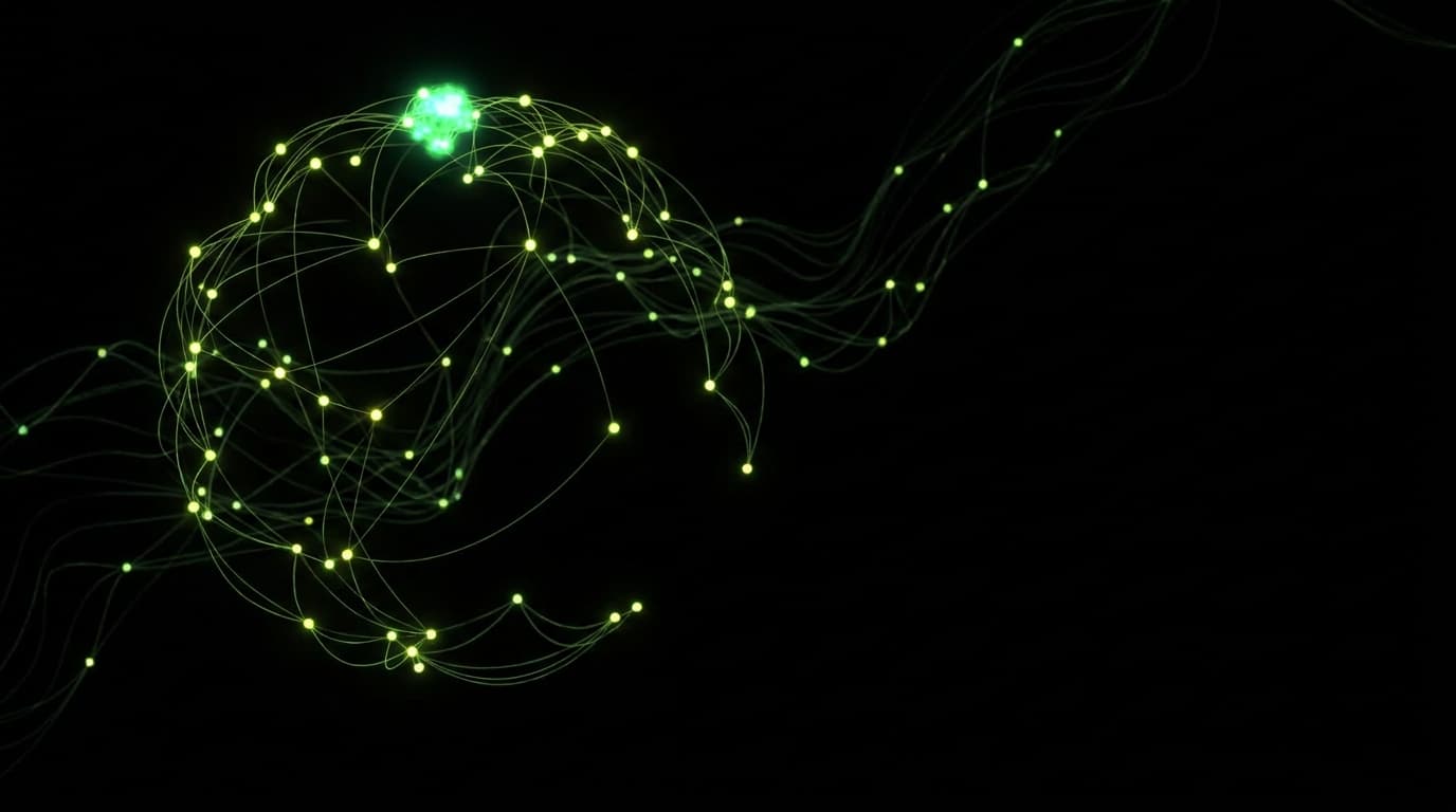 Abstract visualization: flowing green nodes on dark background — sovereign brand geo: how nation brands should think about ai visibility