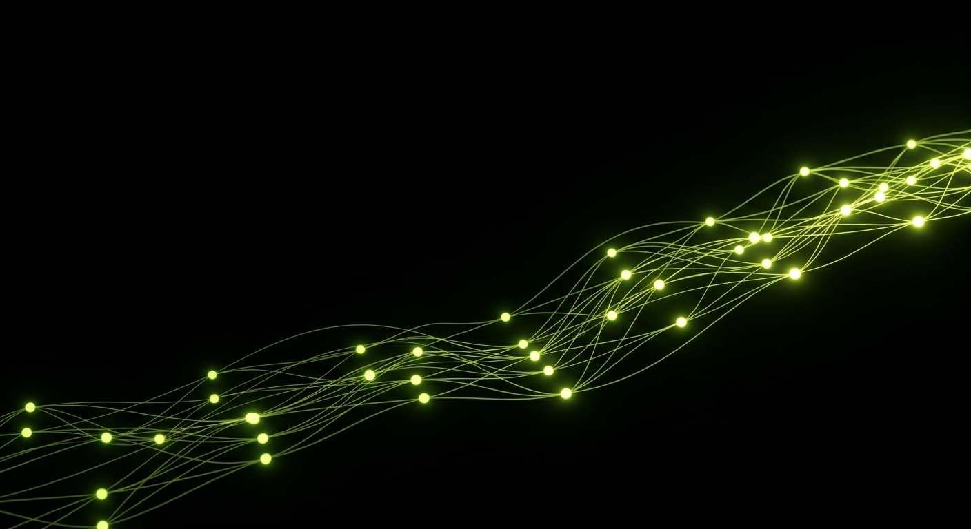 Abstract visualization: flowing green nodes on dark background — the 90-day geo plan for saas brands: week-by-week breakdown