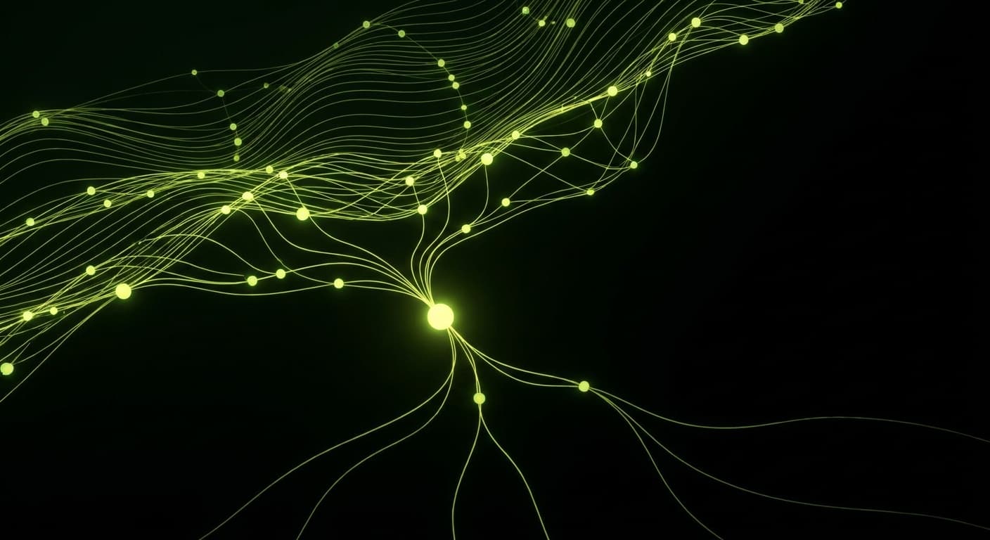 Abstract visualization: flowing green nodes on dark background — the complete guide for how to use otterly