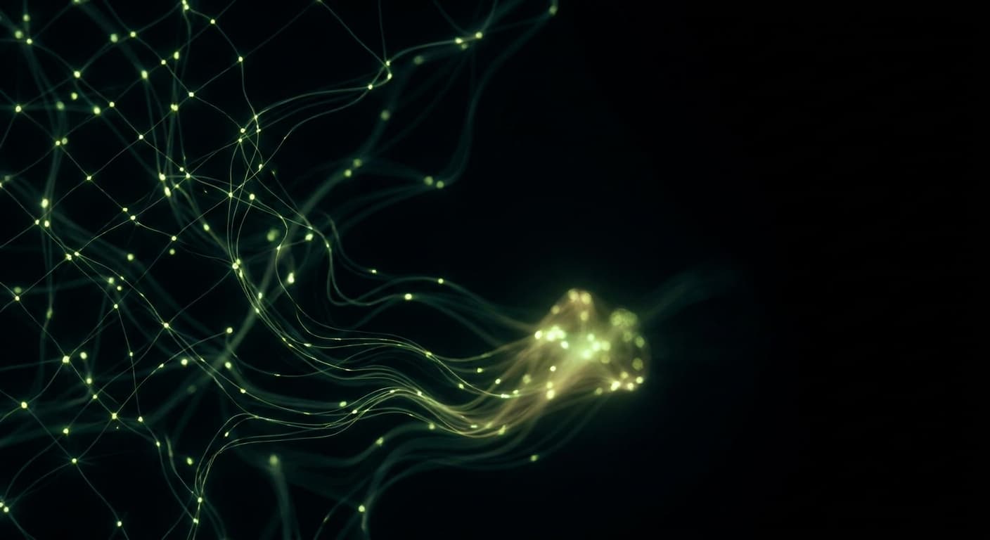 Abstract visualization: flowing green nodes on dark background — the complete guide for how to use profound ai