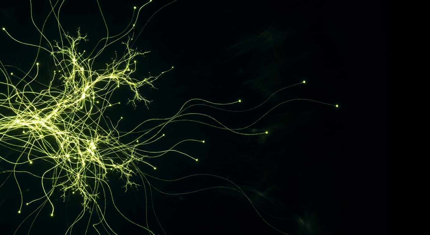Abstract visualization: flowing green nodes on dark background — the complete guide to generative engine optimization