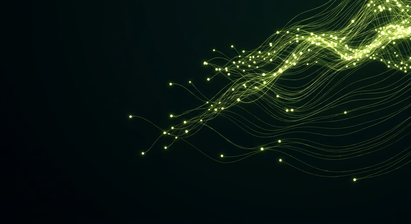 Abstract visualization: flowing green nodes on dark background — the compounding content calendar: how geo stacks across 12 months