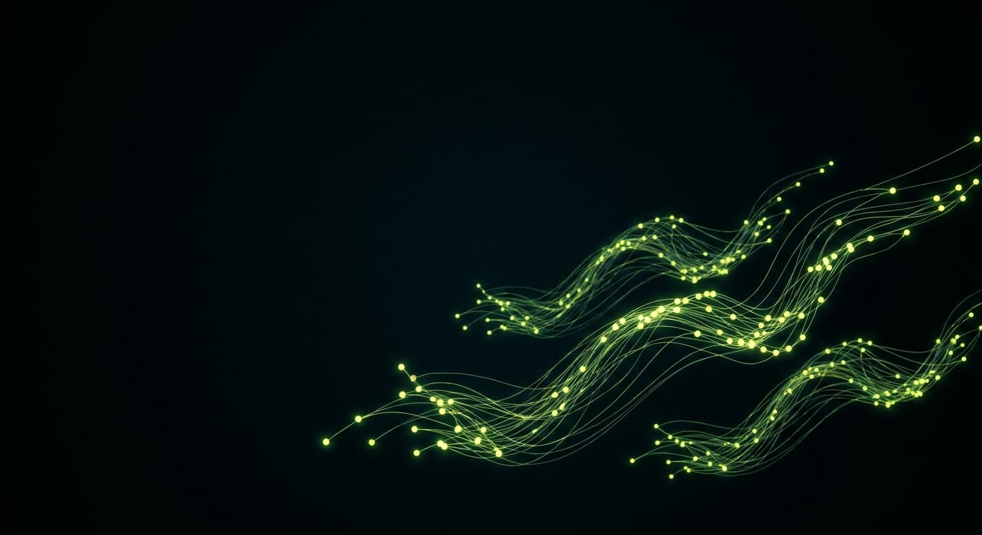 Abstract visualization: flowing green nodes on dark background — the gcc geo field guide: what works in saudi vs uae vs egypt