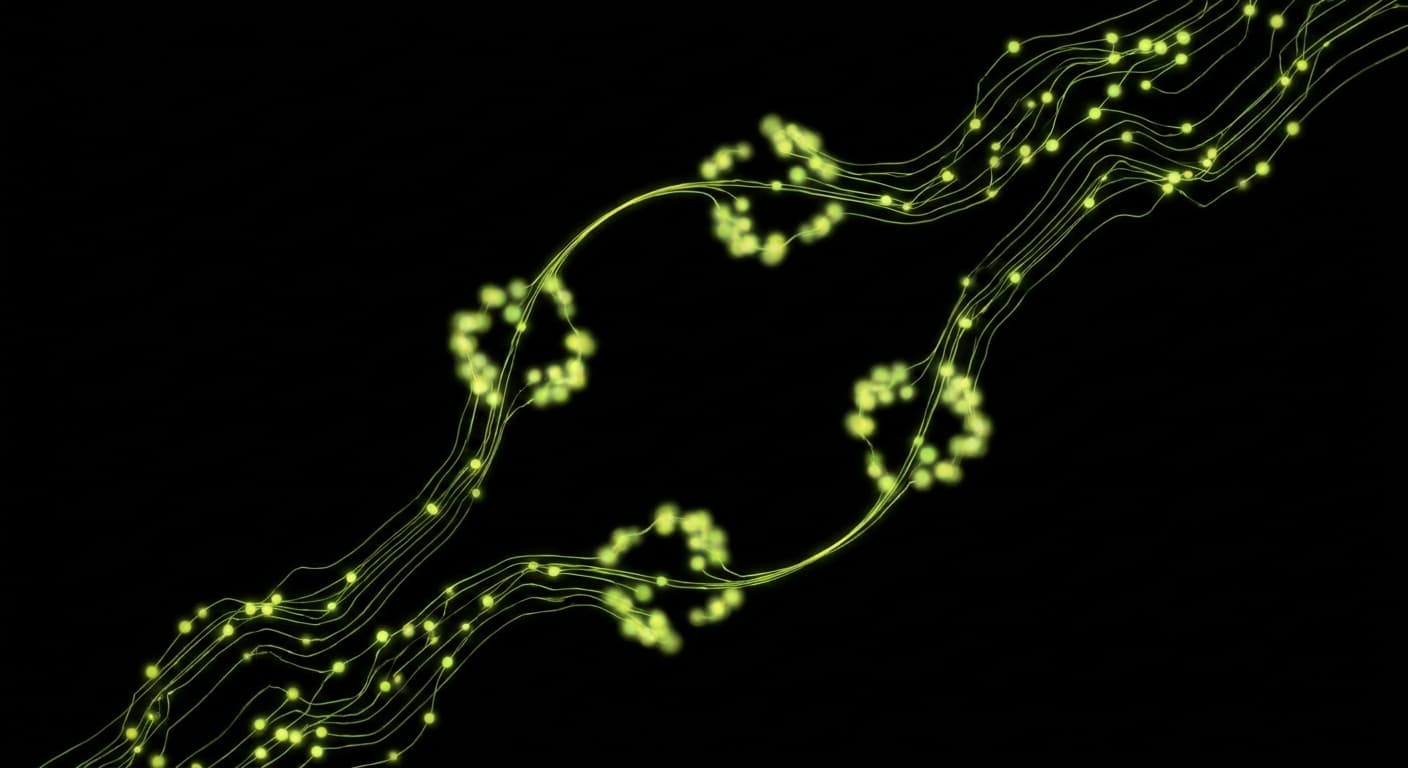 Abstract visualization: flowing green nodes on dark background — the geo qbr: a 4-slide framework for quarterly reviews