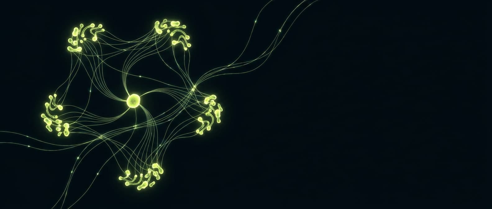 Abstract visualization: flowing green nodes on dark background — the geo raci: who owns what between seo, content, pr, and comms