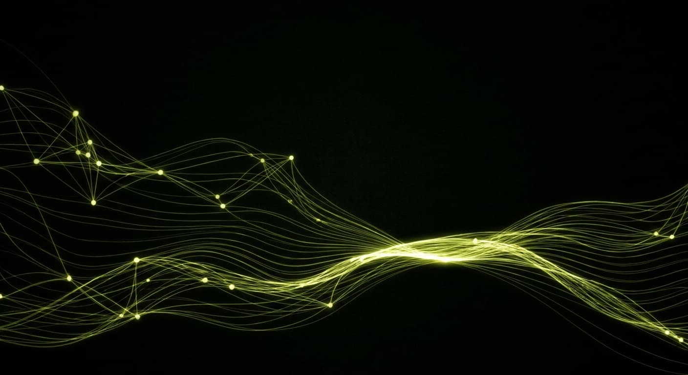 Abstract visualization: flowing green nodes on dark background — the missing middle: how to build mid-funnel geo prompts