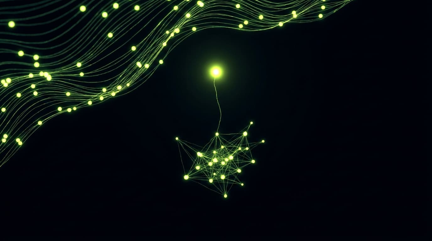 Abstract visualization: flowing green nodes on dark background — the notability threshold: can your saas actually get on wikipedia in 2026?