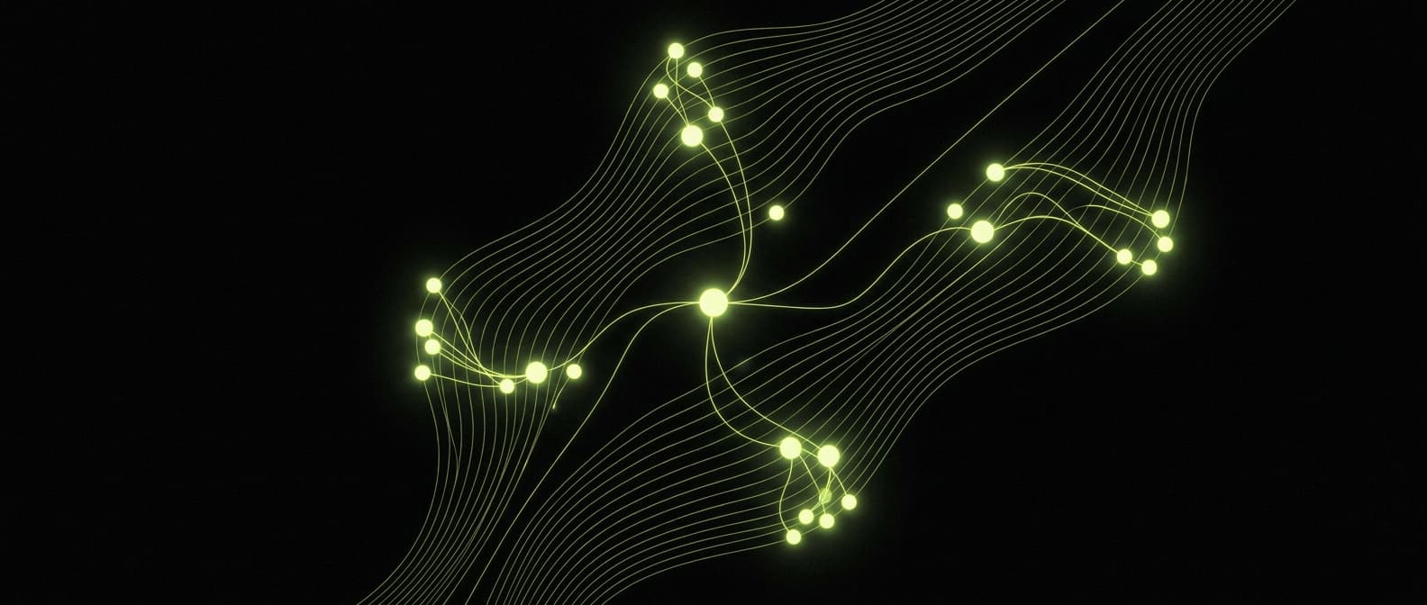 Abstract visualization: flowing green nodes on dark background — the question words that dominate ai search: 'what', 'how', 'best', and 'vs' breakdown