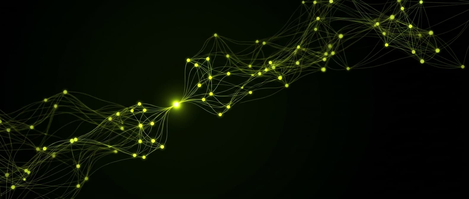 Abstract visualization: flowing green nodes on dark background — the seed keyword method: how to start a geo prompt universe from scratch