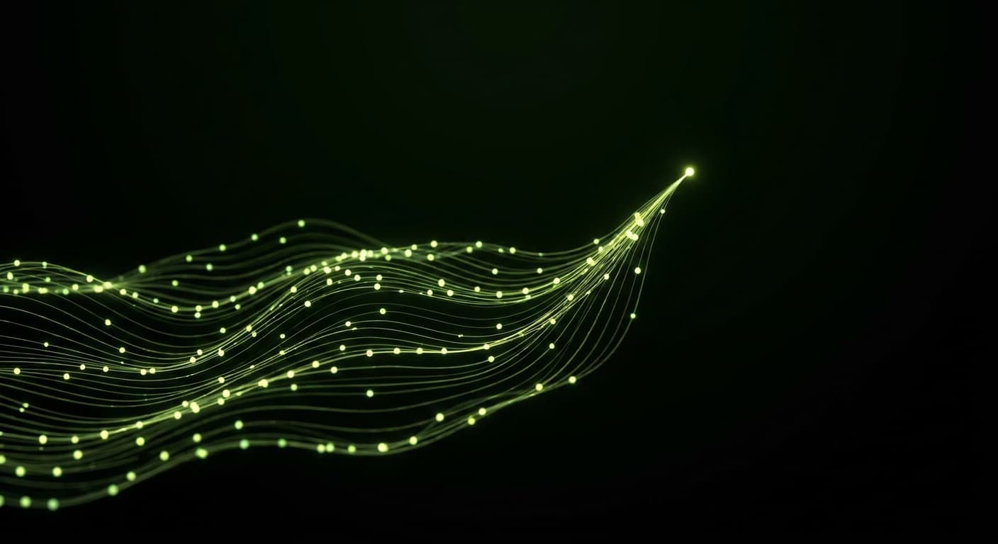 Abstract visualization: flowing green nodes on dark background — the vertical pr map: where to pitch if you want ai citations, not just backlinks