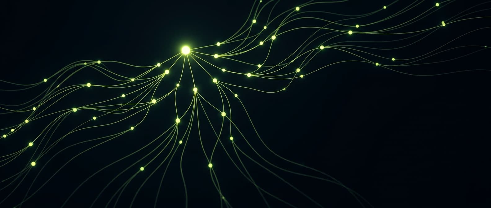 Abstract visualization: flowing green nodes on dark background — the wikipedia playbook for brands trying to get cited by ai