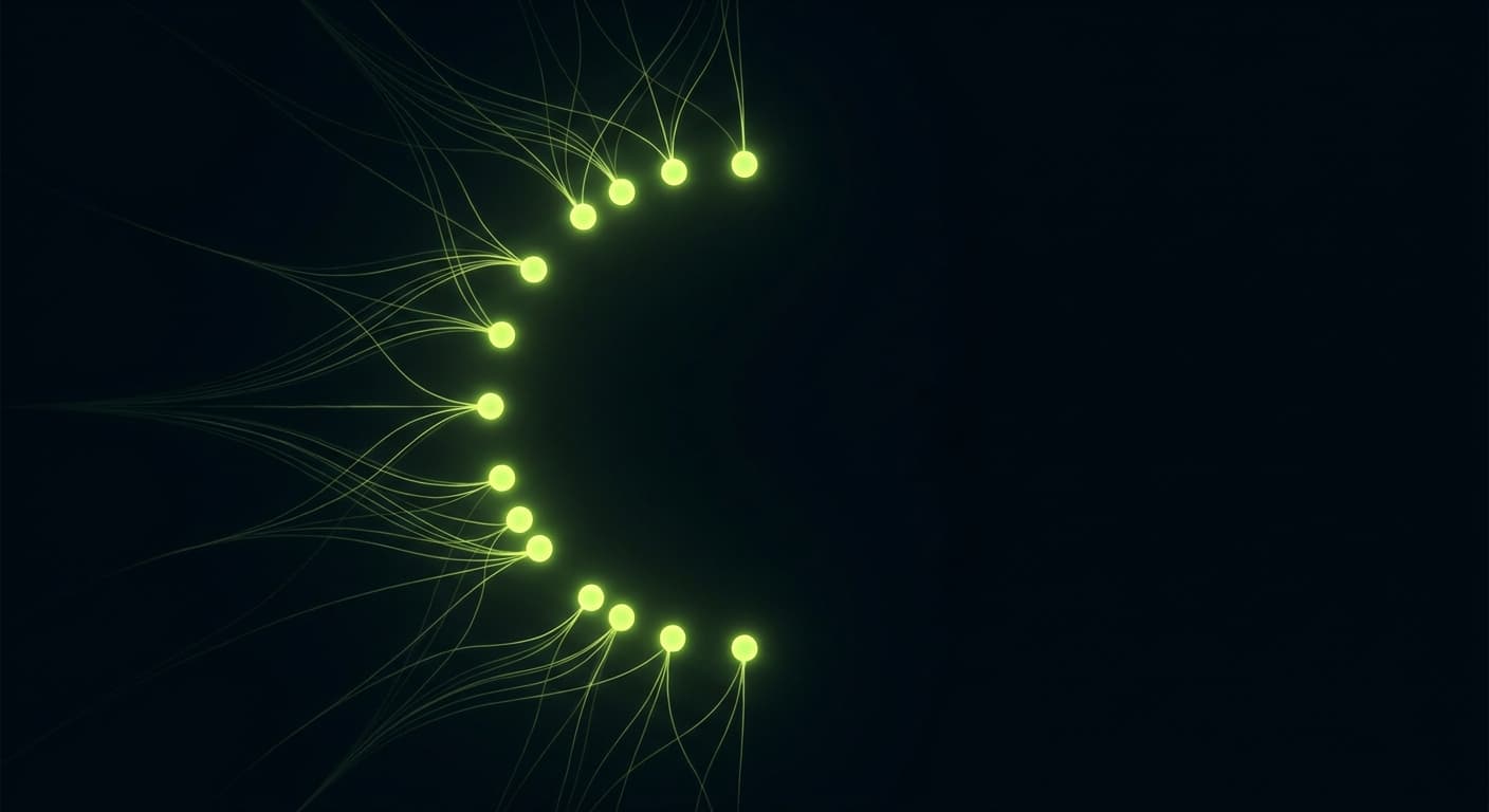 Abstract visualization: flowing green nodes on dark background — top 12 geo agencies in the mena region