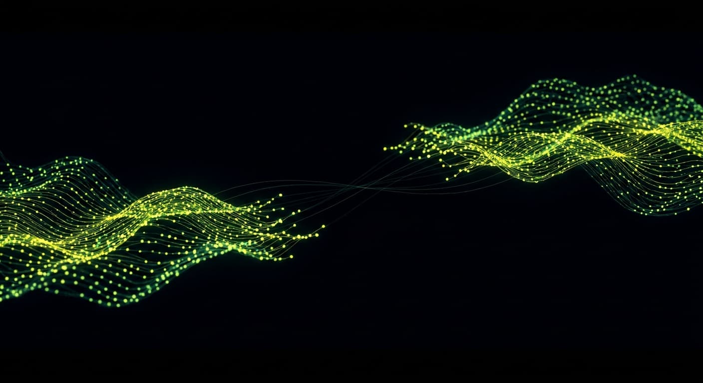 Abstract visualization: flowing green nodes on dark background — top-of-funnel vs bottom-of-funnel geo prompts: how to get the mix right