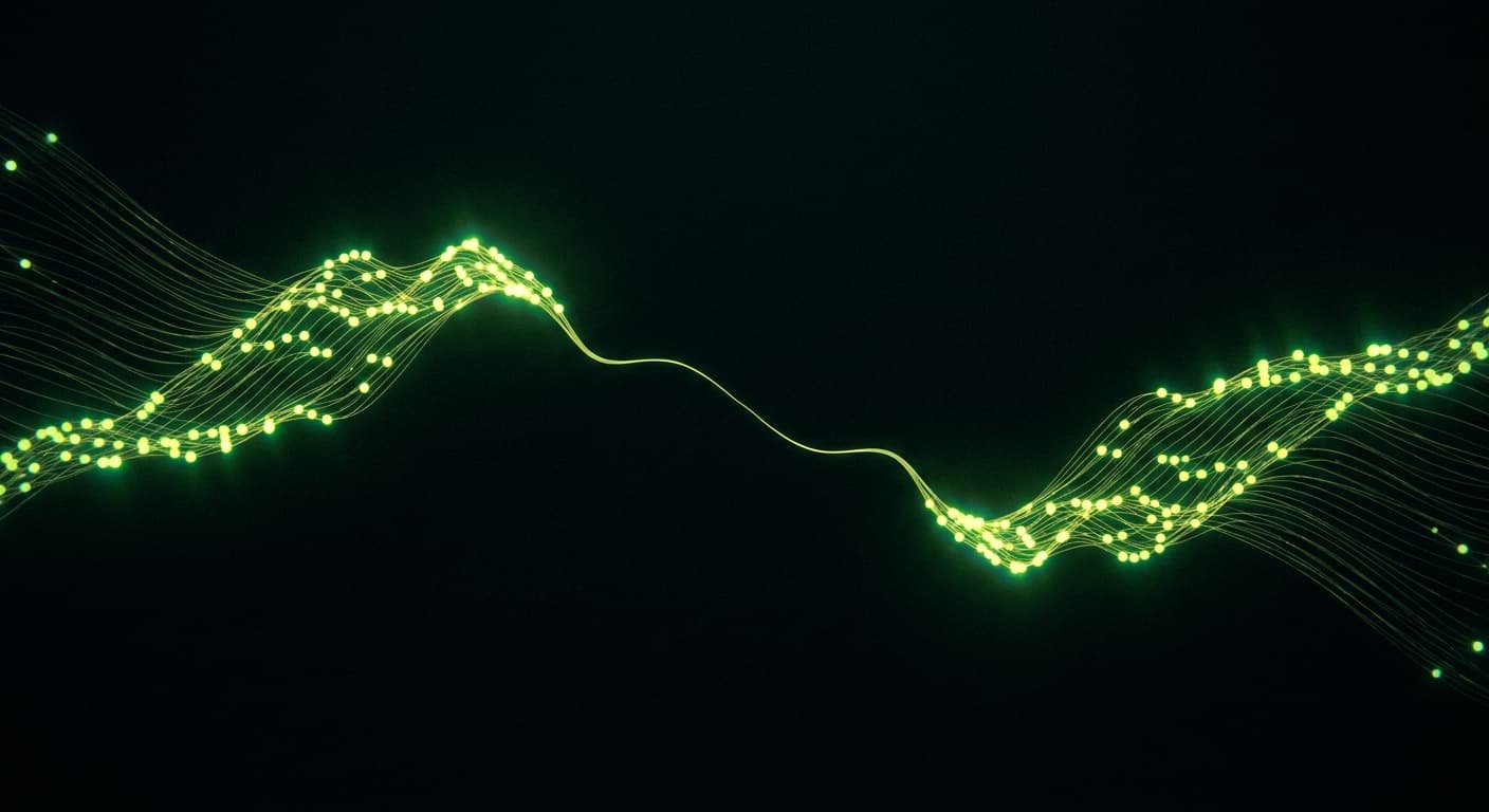 Abstract visualization: flowing green nodes on dark background — trustpilot for b2b saas: when it helps and when it doesn't