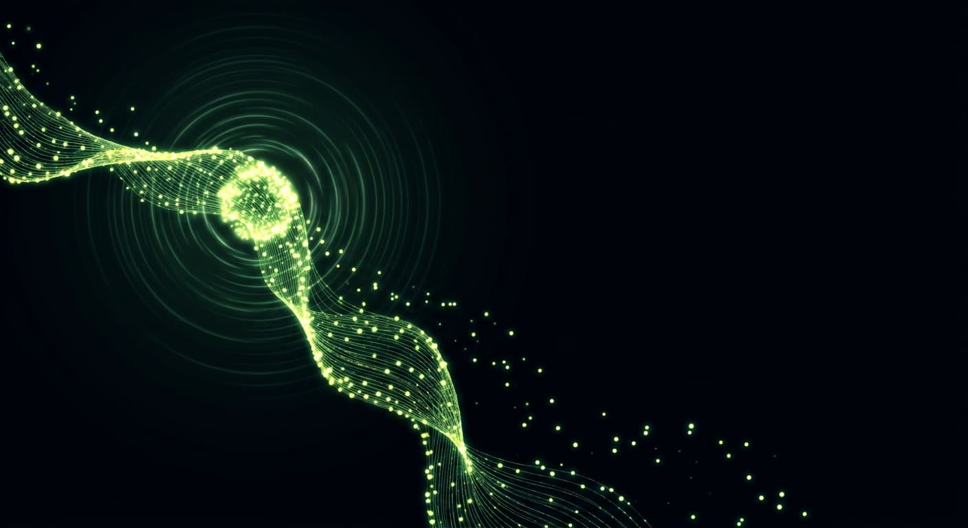 Abstract visualization: flowing green nodes on dark background — what changed in google ai overviews this quarter