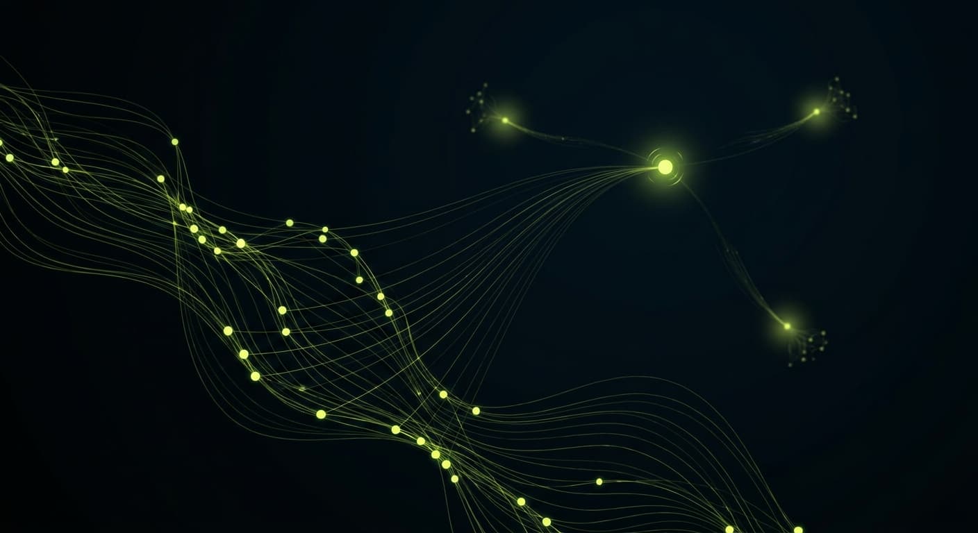 Abstract visualization: flowing green nodes on dark background — what is co-citation in geo and why it matters more than backlinks now