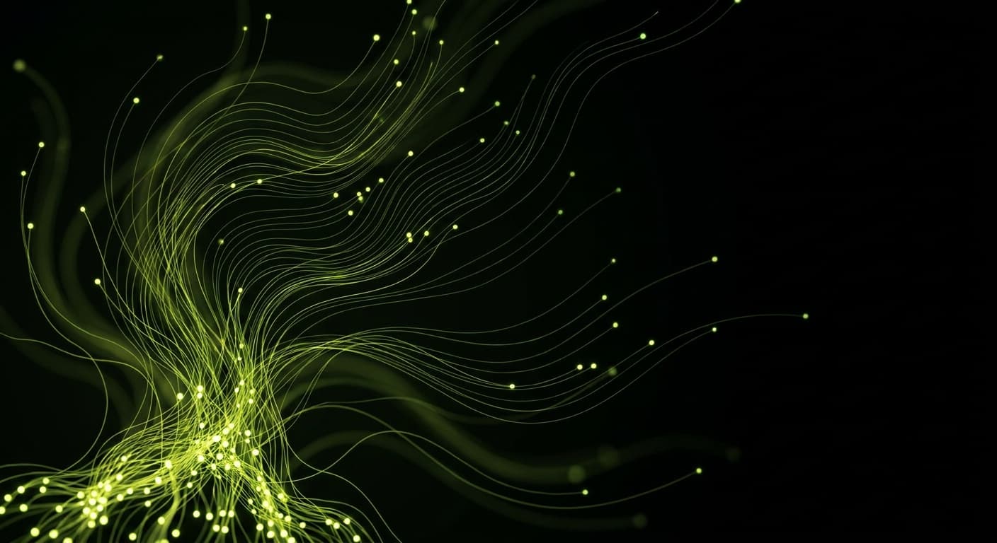 Abstract visualization: flowing green nodes on dark background — what is grounding in ai search? (and why most marketers confuse it with citation)
