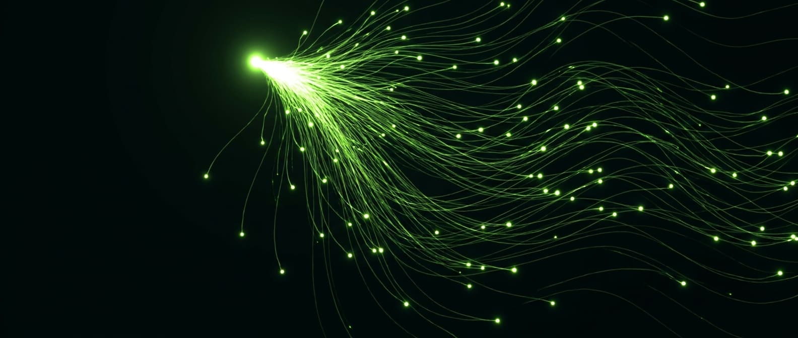 Abstract visualization: flowing green nodes on dark background — what is query fan-out? and why it's the engine of modern prompt research