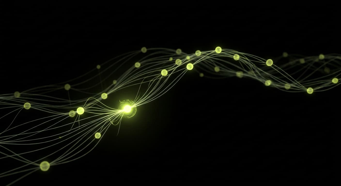 Abstract visualization: flowing green nodes on dark background — what is recency weighting in llm citations?
