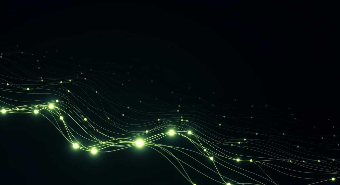 Abstract visualization: flowing green nodes on dark background — what metrics actually matter for geo