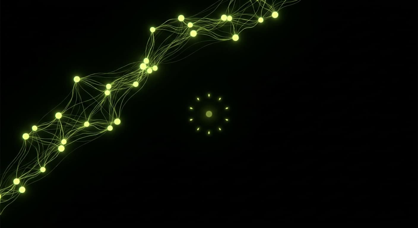 Abstract visualization: flowing green nodes on dark background — why isn't my brand showing up in chatgpt? a diagnostic checklist