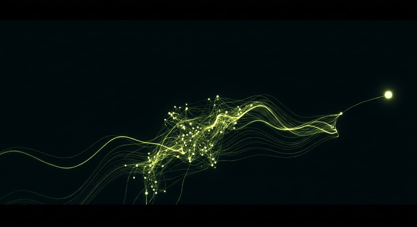 Abstract visualization: flowing green nodes on dark background — why you should never name your brand in top-of-funnel geo prompts