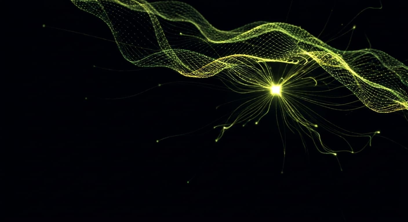 Abstract visualization: flowing green nodes on dark background — why your competitors are getting cited (and you're not)