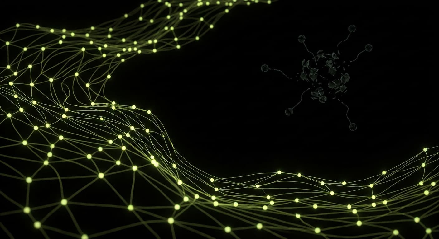 Abstract visualization: flowing green nodes on dark background — why your schema isn't working: the 5 most common implementation errors