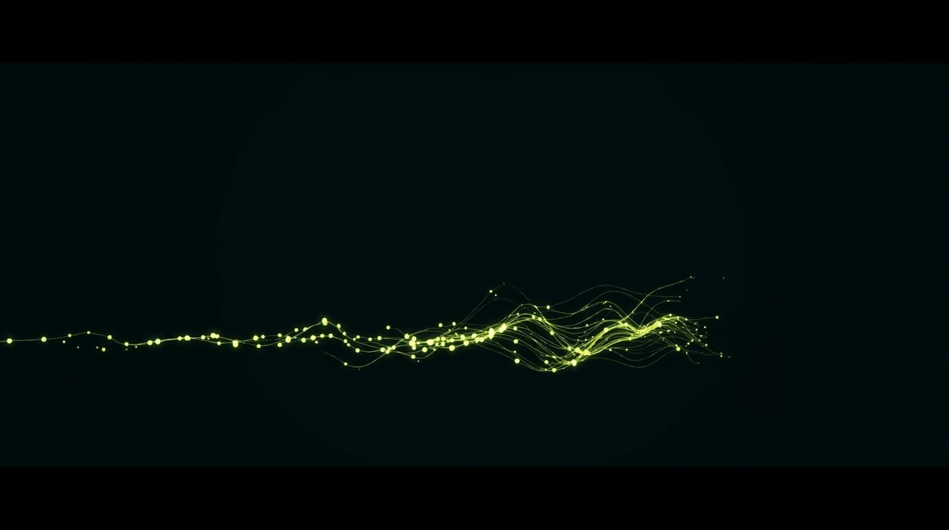 Abstract visualization: flowing green nodes on dark background — your first 30 days of geo: a day-by-day plan